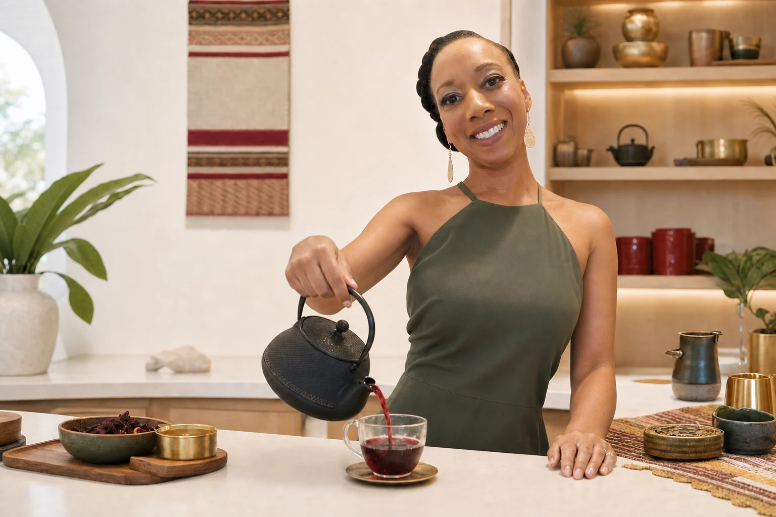 Sumayyieh pouring a cup of ruby hibiscus tea